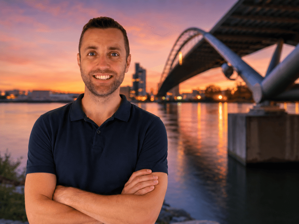 Anthony Belli, coach sportif à domicile à Saint-Louis, devant la passerelle des Trois Pays